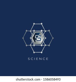 S Letter Hexagon Ring Techno Logo. Silver Hexagon Geometrical Ring with letter logo icon on blue background color for science technology design concept.