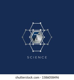 S Letter Hexagon Ring Techno Logo. Silver Hexagon Geometrical Ring with letter logo icon on blue background color for science technology design concept.