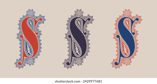 S letter illuminated gothic monogram with naturalistic flowers ornament. German drop cap. Dark age decorative logo. Classic medieval red and blue Latin initials font based on XIV century manuscript.