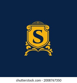S Letter Initial with Royal Template. Elegant with crown logo vector, Creative Lettering Logo Vector Illustration. Royal shields badges, Coat of Arm Logo Concept.