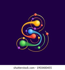 Logo de la letra S con órbitas de átomos. Icono vector vívido perfecto para usar en cualquier etiqueta científica, afiches tecnológicos, identidad astronómica, etc.