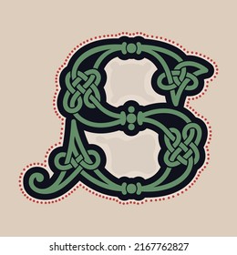 S letter logo with Celtic knots, spiral lines, and red dots. Dim colored medieval initial. Perfect icon for ancient identity, Middle Ages print, barbarian posters, and heraldic monograms.