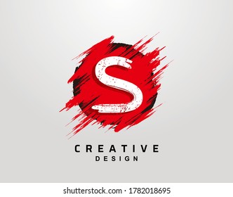 Logotipo De Letra S En El Elemento Grunge Splatter Círculo. Diseño del icono de explosión de tinta roja de roca.