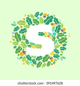 S letter logo in a circle of oak leaves and acorns. Summer font style, vector design template elements for your ecology application or corporate identity.