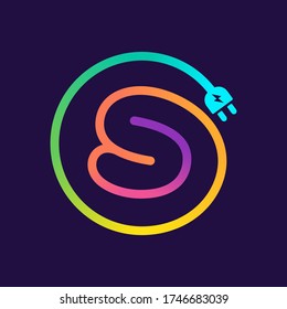 S letter logo in a circle with plug adapter cable. Impossible one line style. Perfect wire icon for technology labels, charge posters, electric company, etc.