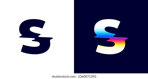 S letter logo with color glitch. Neon double exposure style. Multicolor gradient sign with hologram and illusion effect. Glowing color shift vector icon for nightlife labels, game screens, vibrant adv