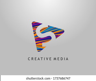 S Letter Logo. Colorful Pop Art Strip on PLay Icon Perfect for Cinema, Movie, Music,Video Streaming Concept.