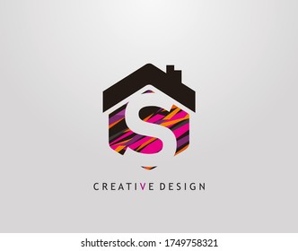 Logotipo de la letra S. Forma de tira de casa hexagonal creativa con espacio negativo de letra S, Diseño de icono de Home Studio.