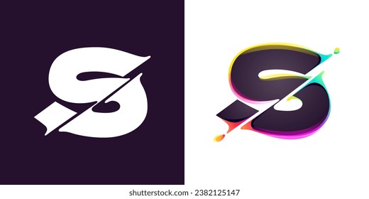 S letter logo letter with cyber distortion, color shift effect. Double exposure font. Neon glitch illusion icon. Colorful type for futuristic tech heading, music poster, vibrant sale banner.