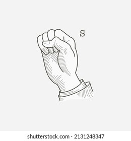 S letter logo in a deaf-mute hand gesture alphabet. Hand-drawn engraving style vector American sign language illustration.