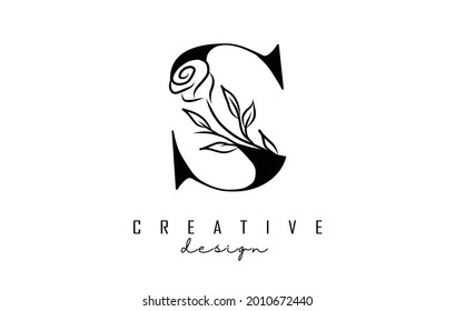 S Letter Logo Design With Black Rose Vector Illustration. Creative And Elegant Icon With Letter S.