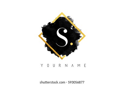 S Letter Logo Design with Black ink Stroke over Golden Square Frame.