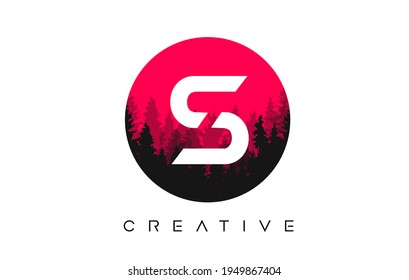S Letter Logo Design with Pine Forest Vector Shapes and Red Circular shape Color Illustration