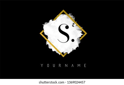 S Letter Logo Design with White ink Stroke over Golden Square Frame.