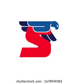 S letter logo with flying eagle. Vector oblique font perfect for sport labels, army posters and fast delivery identity, etc.