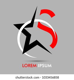 S letter logo font red with black star and white ring isolated on gray background. Vector design template elements for your application or company identity.