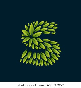 S letter logo formed by fresh green leaves. Vector ecology elements for banner, presentation, card, labels or posters.