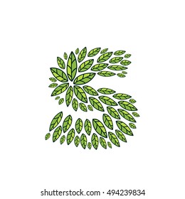 S letter logo formed by vintage pattern, line green leaves. Vector ecology elements for banner, presentation, card, labels or posters.