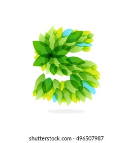 S letter logo formed by watercolor fresh green leaves. Brush stroke pattern. Vector ecology elements for posters, t-shirts and cards.