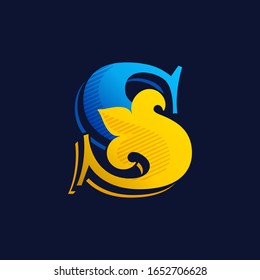 S letter logo with gold french lily and hatching shadow. Premium vector serif font for victorian identity, luxury package, retro book, western diploma, etc.