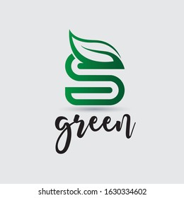 S letter logo with green leaf illustration vector.  Green S letter logo