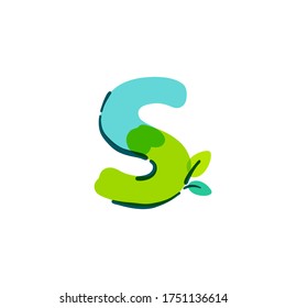 Logotipo de letra S con hoja verde manuscrita con una pluma de punta de fieltro. El tipo de letra del marcador vectorial negrita se puede usar para etiquetas de la naturaleza, titulares de verano, afiches bio, tarjetas de ecología, etc.