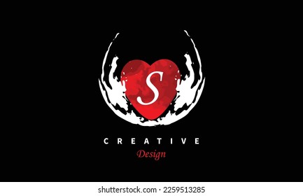 S letter logo in heart shape at red water color on black background Happy Valentines Day Vector abstract design element