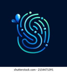 S letter logo made of fingerprint with pure water waves and drops. Blue gradient line icon. Vector emblem for environment friendly design, drink advertising, ecology application, organic identity.