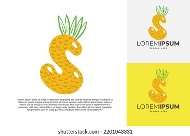 S letter logo made of pineapple. Fruit handmade calligraphy for agricultural identity, restaurant cards, kids t-shirt, summer prints, etc