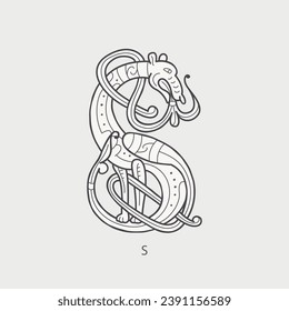 S letter logo. Medieval drop caps monogram. Initials made of spiral Celtic beasts, snake, dragon. Gothic illuminated calligraphy. Middle Ages heraldic ornate capitals. Germanic font for pagan tattoos.