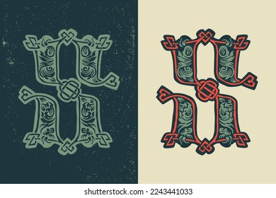 S letter logo in medieval knots lines style. Dim colored drop cap icon. Engraved barbarian emblem. Vintage illuminated initials. Perfect for vintage premium identity, Celtic posters, luxury packaging.