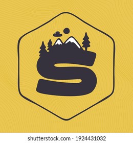S letter logo with mountains peaks and trees on a landscape line pattern. Adventure and outdoor vintage emblem perfect for t-shirts, apparel and other merchandise.
