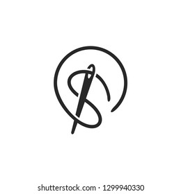 S letter logo with needle and thread. Font style, vector design template element