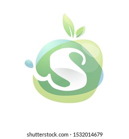 S letter logo with negative space at green watercolor splash background. Vector elements for organic food labels, ecology presentation, card etc.