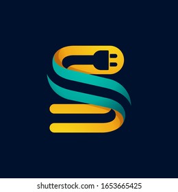 S letter logo with plug cable inside. Vector typeface for electric car identity, technology headlines, charging posters etc.