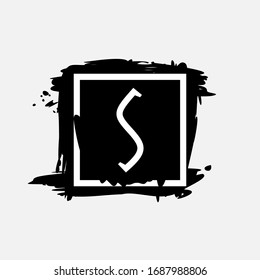 S letter logo in square frame at ink dry brush strokes with rough edges. Vector serif font perfect for premium labels, vintage posters and modern identity, etc.