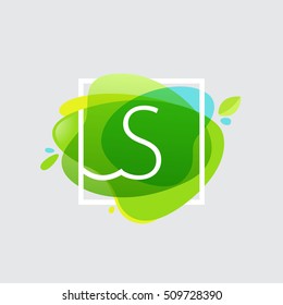 S letter logo in square frame at green watercolor splash background. Green art. Vector ecology typography for your posters, invitations, cards. 