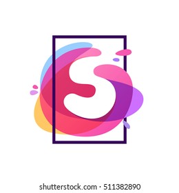 S letter logo in square frame at watercolor splash background. Vector typography for your posters, invitations, cards. 