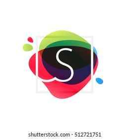 S letter logo in square frame at multicolor splash background. Vector watercolor elements for posters, t-shirts and cards.