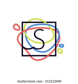 S letter logo in square frame at colorful line background. Font style, vector design template elements for your posters, invitations, cards. 