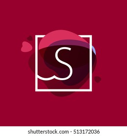 S letter logo in square frame at watercolor background with hearts. Happy Valentines Day design elements.