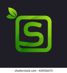 S letter logo in square and green leaves. 