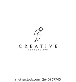 S letter logo with star in simple line design style