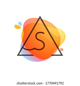 S letter logo in triangle frame at watercolor splash background. Color overlay style. Perfect vector icon for vintage design, funny watercolor posters, geometry labels, etc.