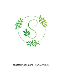 S letter logo vector design. S Icon eco green and circle concept template. S vector set of green eco letters logo with leaves. S alphabet of green leaves isolated on white background. Floral Alphabet.