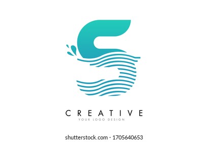 S Letter Logo with Waves and Water Drops Design Vector Illustration.