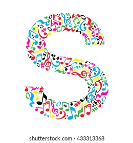 S letter made of colorful musical notes on white background. Alphabet for art school. Trendy font. Graphic decoration.