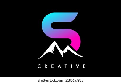 Diseño del logotipo del icono de montaña de la letra S. Letra S con picos de montaña e ilustración de vectores de forma vibrante colorida.