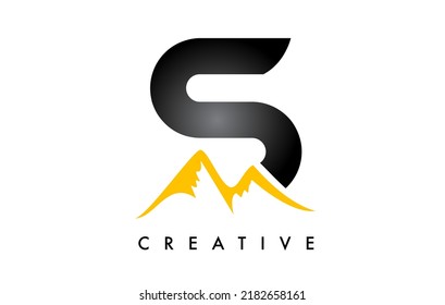 S Letter Mountain Icon Logo Design. Letter S with Mountain Peaks and Black Yellow Shape Vector Illustration.