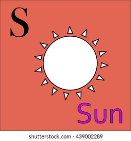 S letter. Object capital alphabet. Colorful font. Uppercase. Vector illustration. Worksheet, Exercises for kids, Coloring book. Illustration of alphabet letters with beautiful clip arts sun